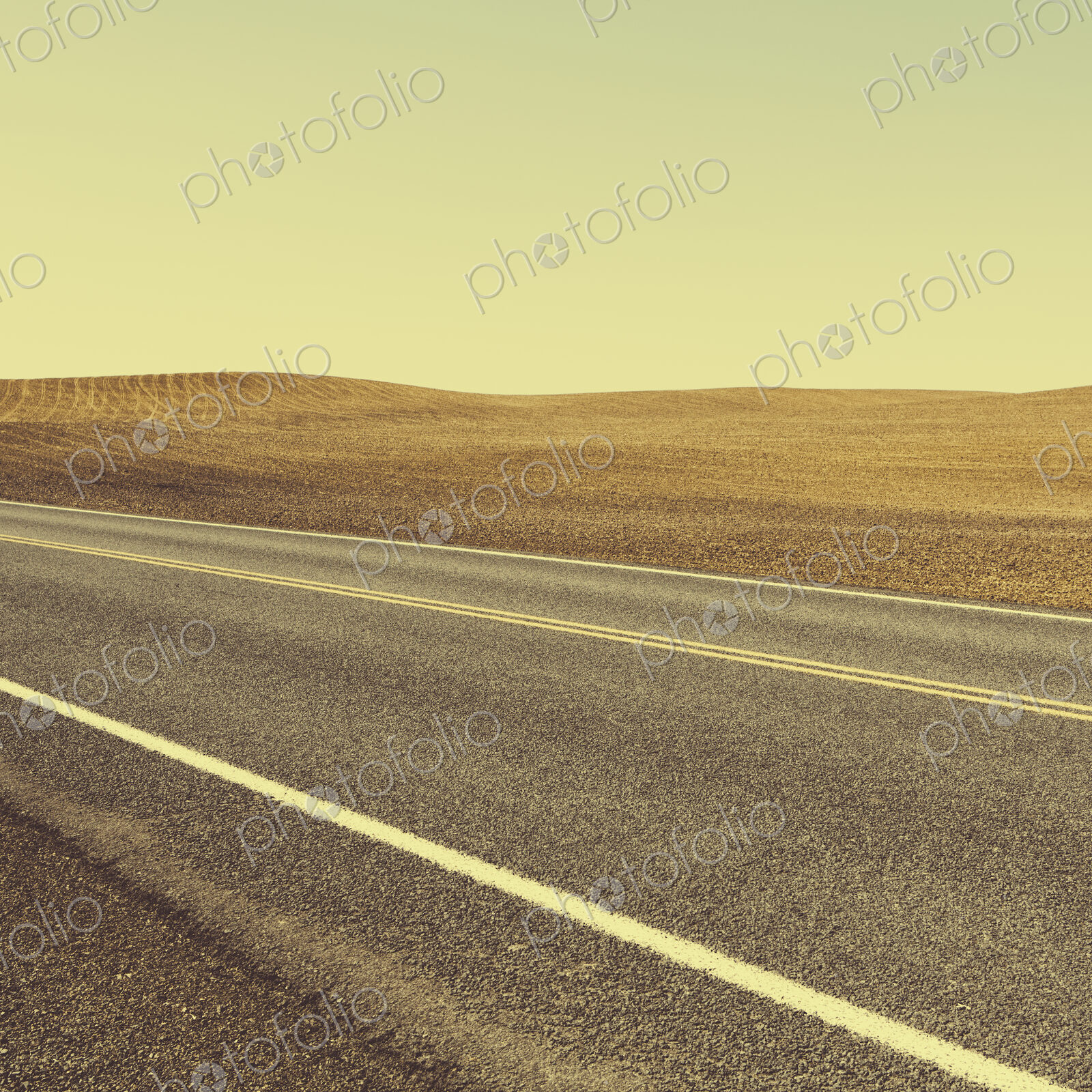 A road through the farming landscape of ploughed fields and farmland near Pullman,…