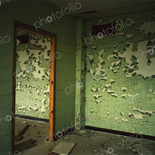 A room with peeling green paint on the walls. A deserted building.