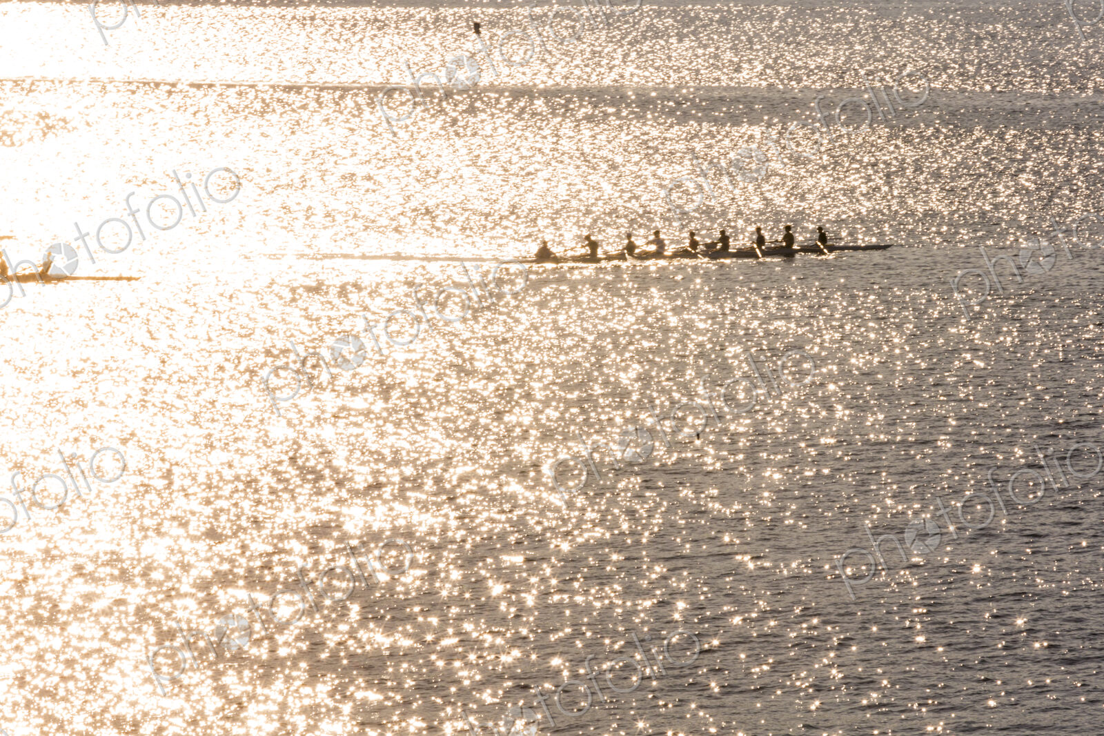 A rowing eight crew in a shell on the water, sunshine reflecting on the surface.
