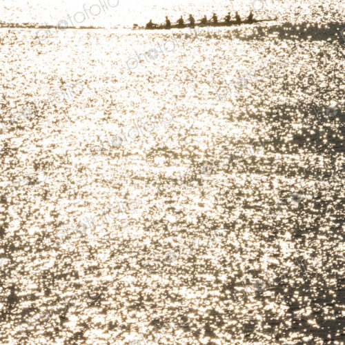 A rowing eight crew in a shell on the water, sunshine reflecting on the surface.