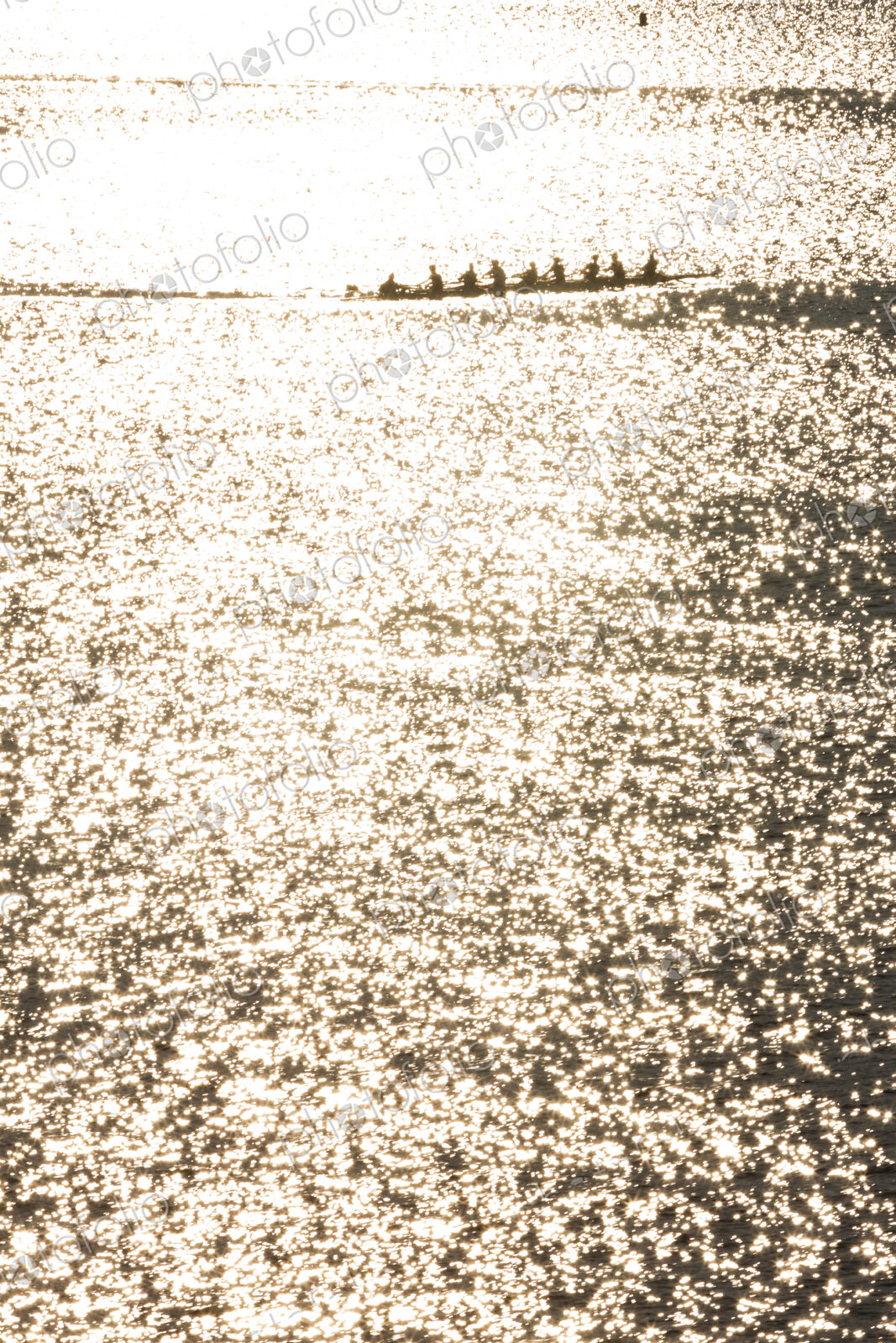 A rowing eight crew in a shell on the water, sunshine reflecting on the surface.