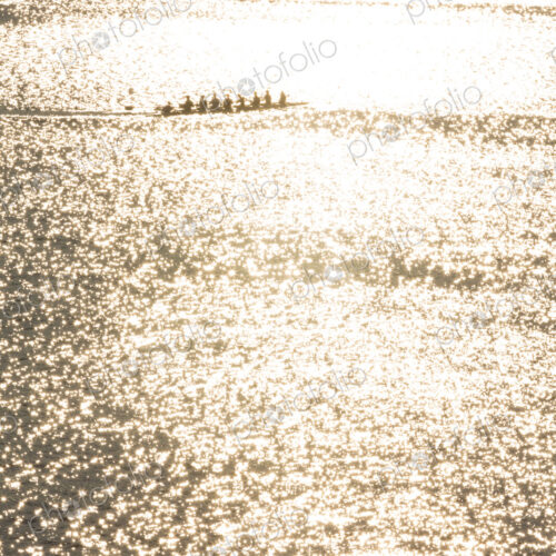 A rowing eight crew in a shell on the water, sunshine reflecting on the surface.