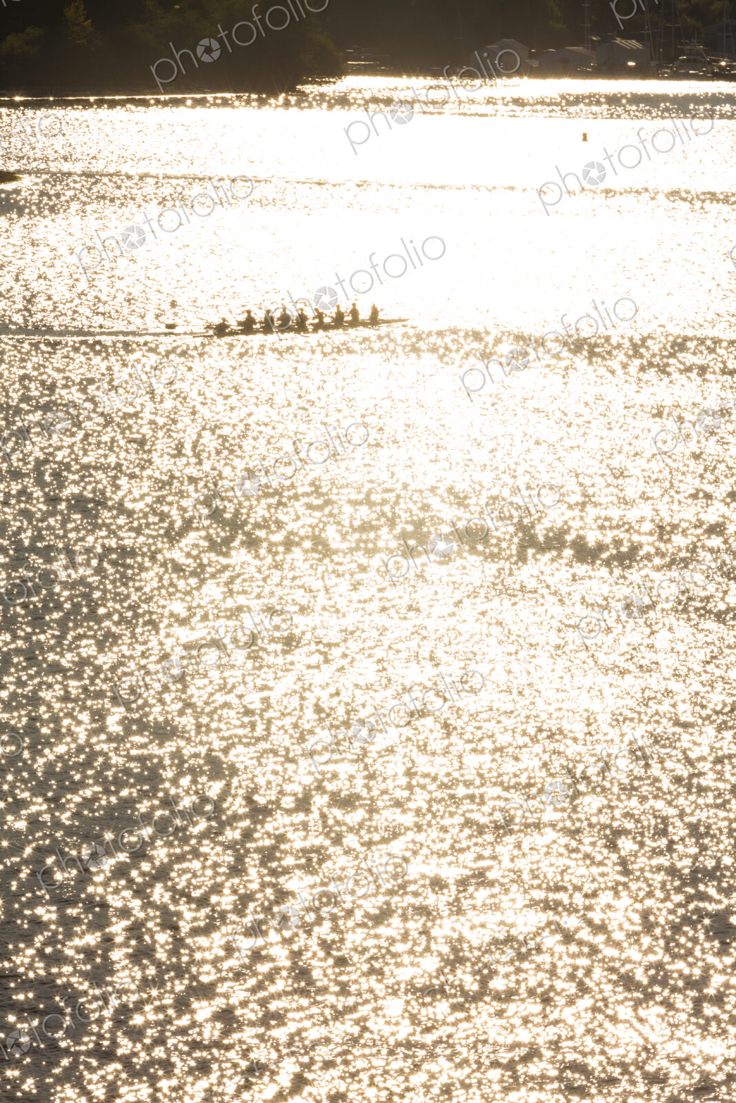 A rowing eight crew in a shell on the water, sunshine reflecting on the surface.