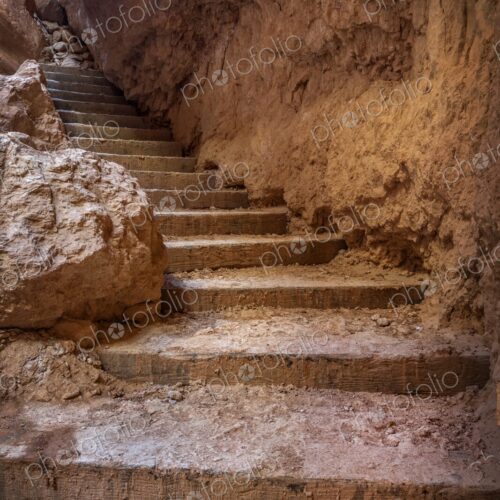 A rugged stairway carved into the canyon walls of Bryce Canyon, leading upward through… A rugged stairway carved into the canyon walls of Bryce Canyon, leading upward through…