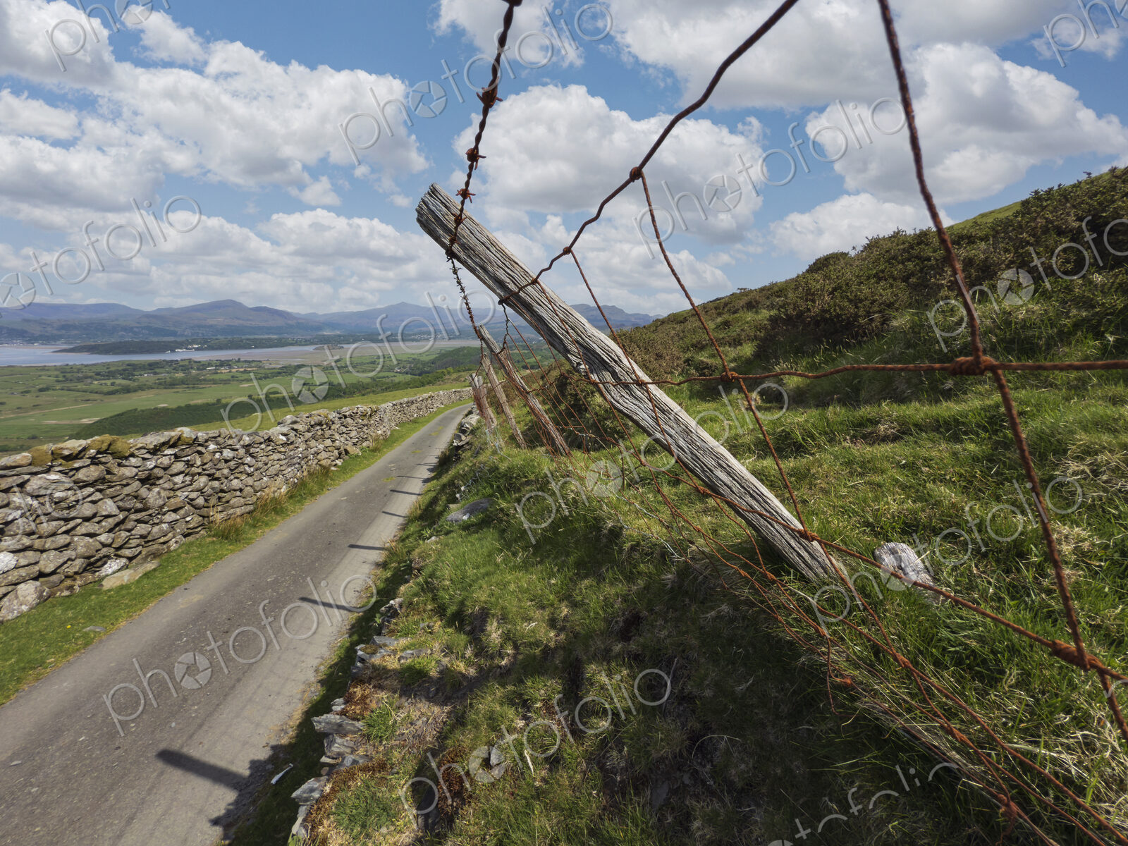 A rural hard top road and a sheep fence of wood post and barbed wire with sheep wool…