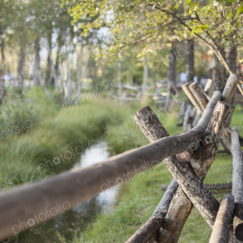 A rural scene, view over a fence made of wooden posts. A small stream. Trees with…