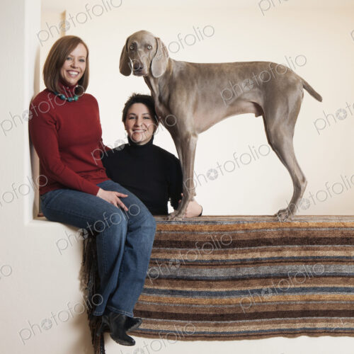 A same sex couple, two women posing with their Weimaraner pedigree dog. A same sex couple, two women posing with their Weimaraner pedigree dog.