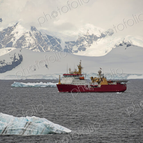 A scientific survery research ship on the water offshore in Antarctica.