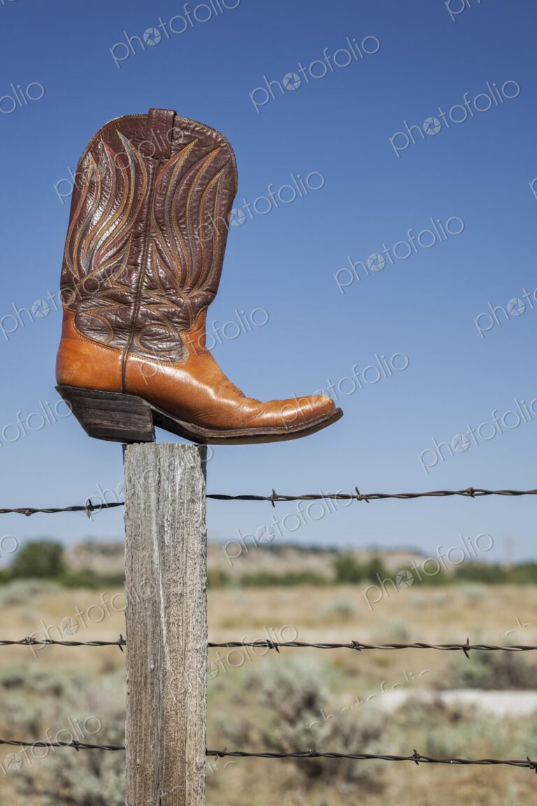 A single cowboy boot rests on a fence post against a clear blue sky in Wyoming. Symbol…