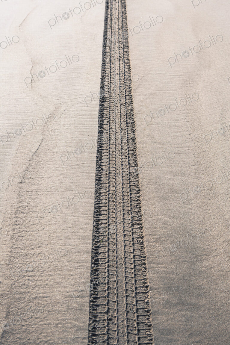 A single tyre track on wet sand, on a beach