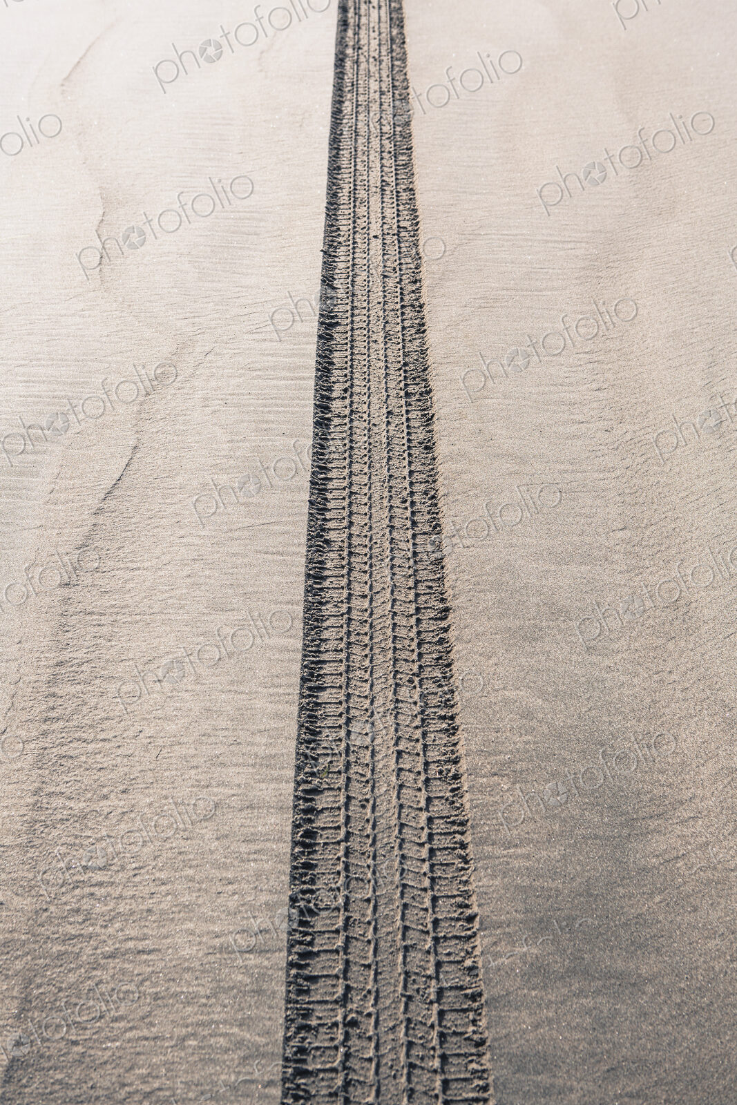A single tyre track on wet sand, on a beach
