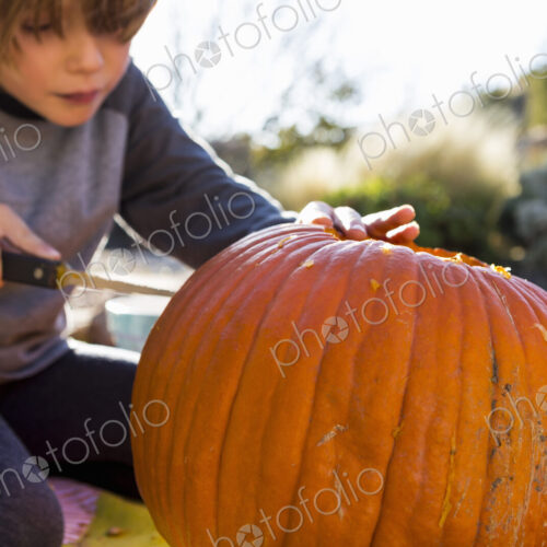 A six year old boy carving a pumpkin at Halloween. A six year old boy carving a pumpkin at Halloween.