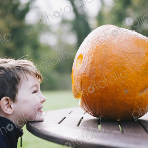 A small boy looking at a large pumpkin on a garden table. A small boy looking at a large pumpkin on a garden table.