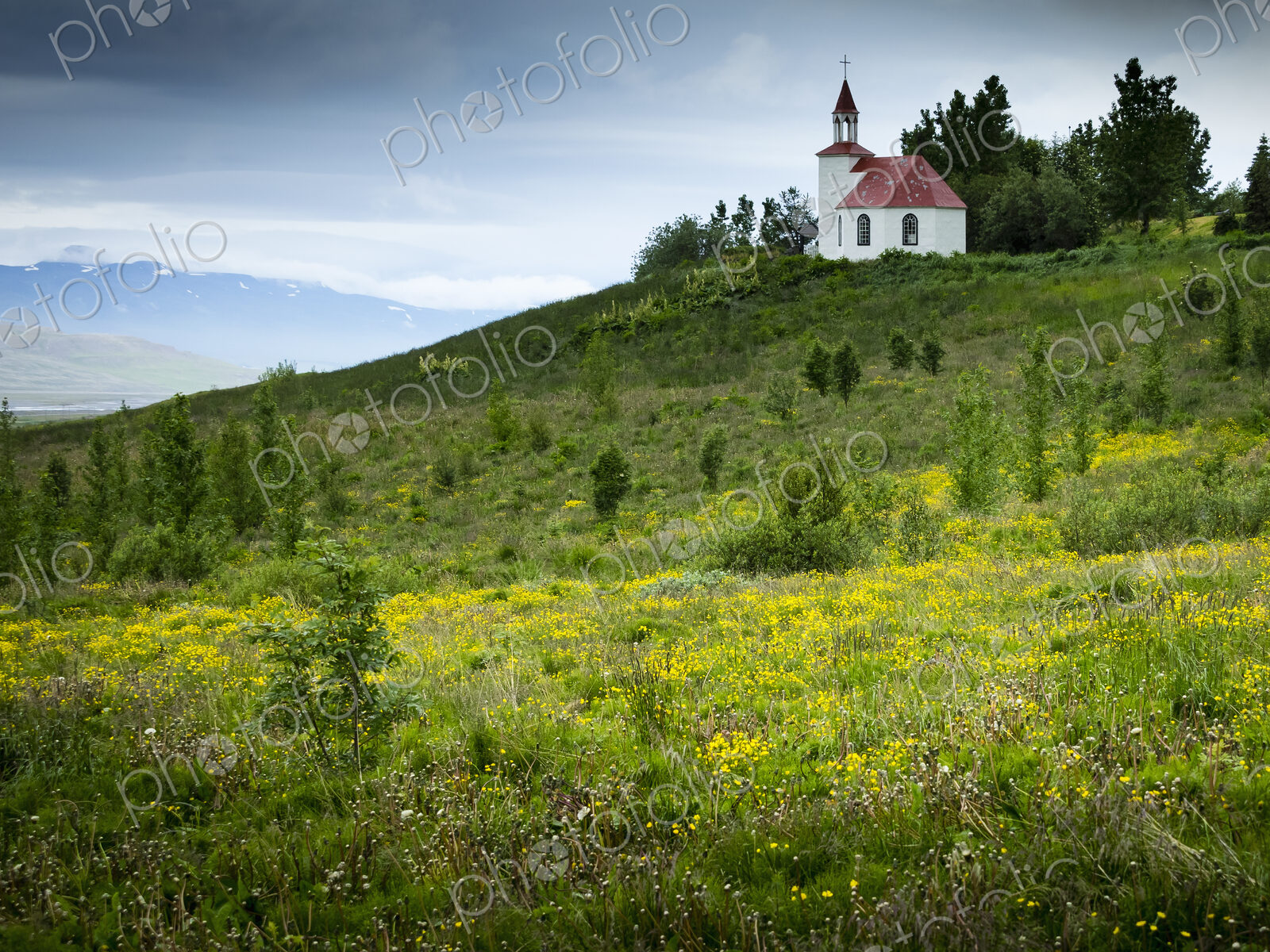 A small historic church in open countryside, among wildflower meadows.
