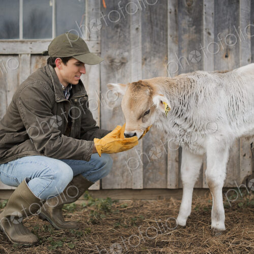 A small organic dairy farm with a mixed herd of cows and goats. Farmer working and…