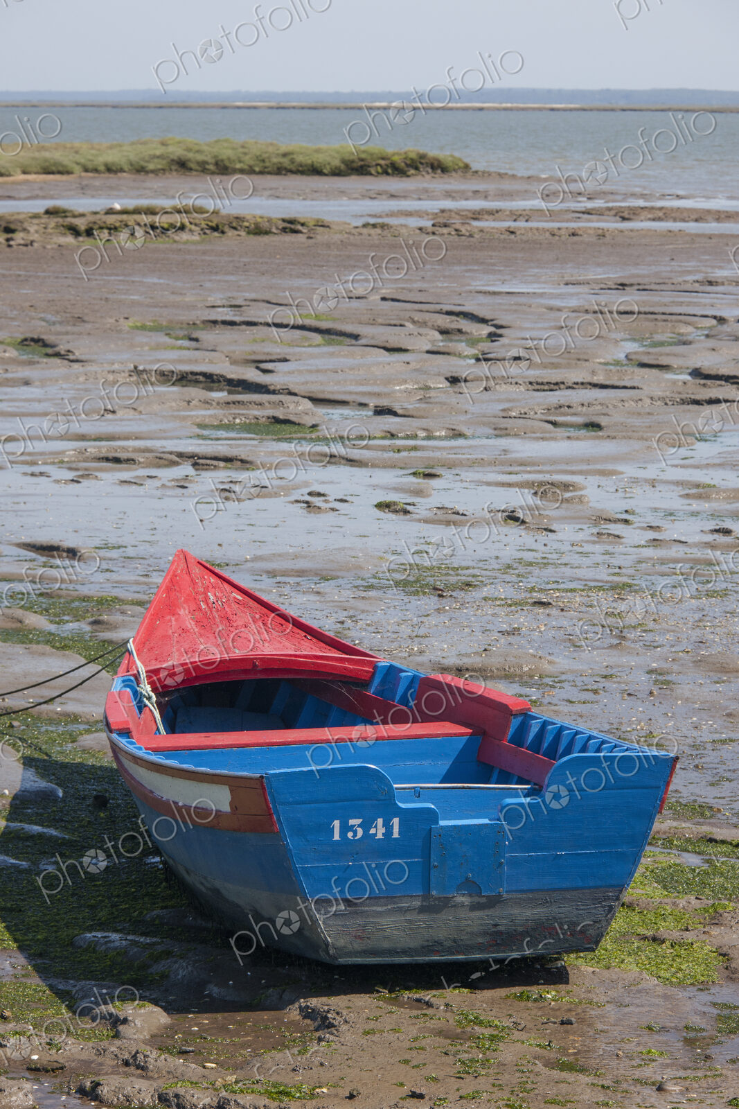 A small painted wooden fishing boat beached on the shores of Sado Estuary outside…