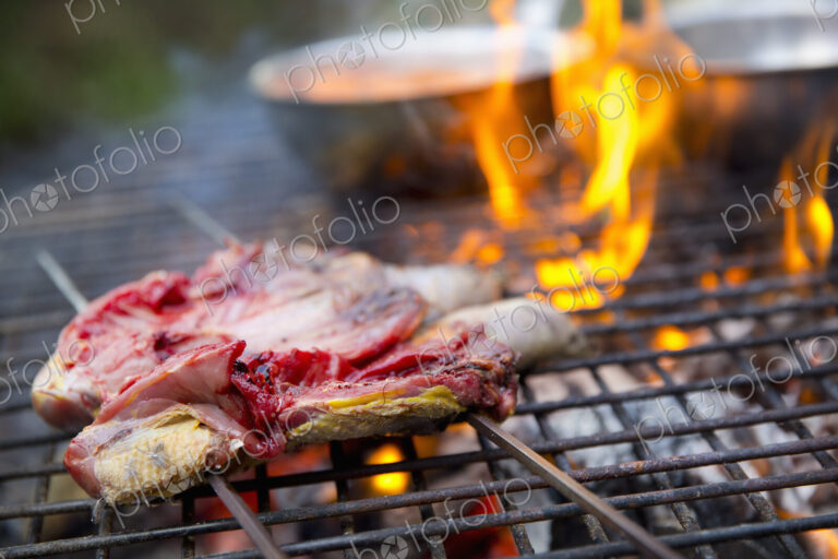 A spatchcocked game bird on skewers being roasted over an open fire.