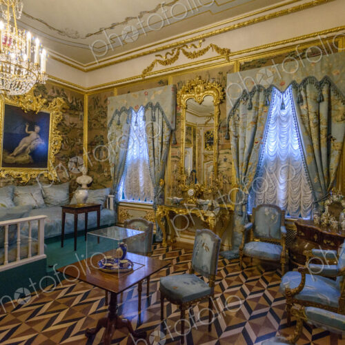 A state bedroom in the Peterhof palace with a bed and sofas, windows and painted wall… A state bedroom in the Peterhof palace with a bed and sofas, windows and painted wall…