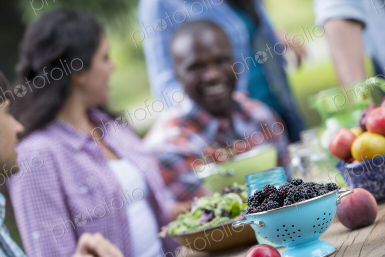 A summer party outdoors. A group of friends at a table.