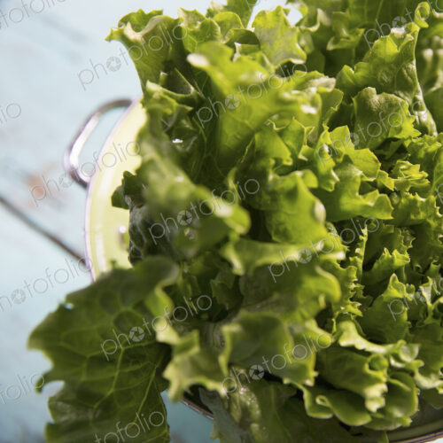 A tabletop with a bowl of salad leaves. A tabletop with a bowl of salad leaves.