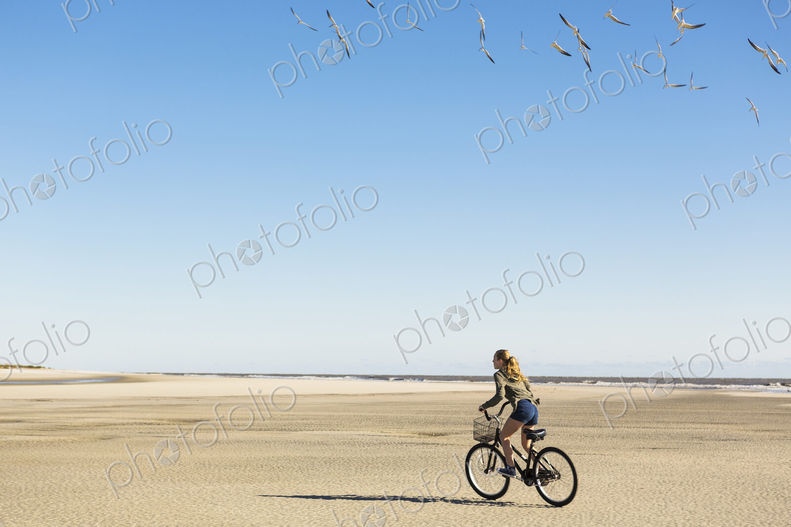 A teenage girl cycling on sand towards a flock of seagulls, St. Simon’s Island, Georgia
