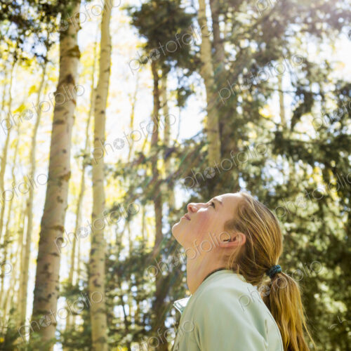 A teenage girl hiker looking up at aspens in woodland with vivid autumnal colour
