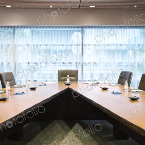 A unique conference table set up for a meeting.