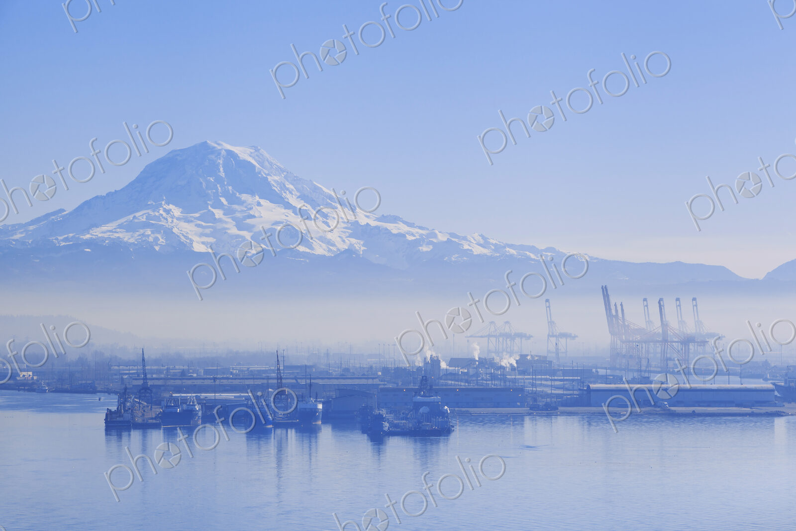 A view across Commencement Bay tideflats to Mount Rainier