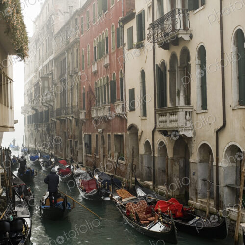 A view of a narrow canal crowded with boats and traditional gondolas, with historic…
