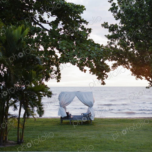 A view of the infinity pool and Gulf of Thailand at Knai Bang Chatt Hotel.