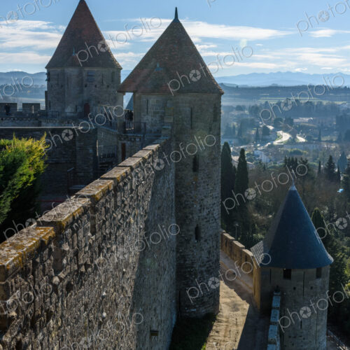 A view over the countryside from the medieval walls nad towers of Carcassonne. A view over the countryside from the medieval walls nad towers of Carcassonne.