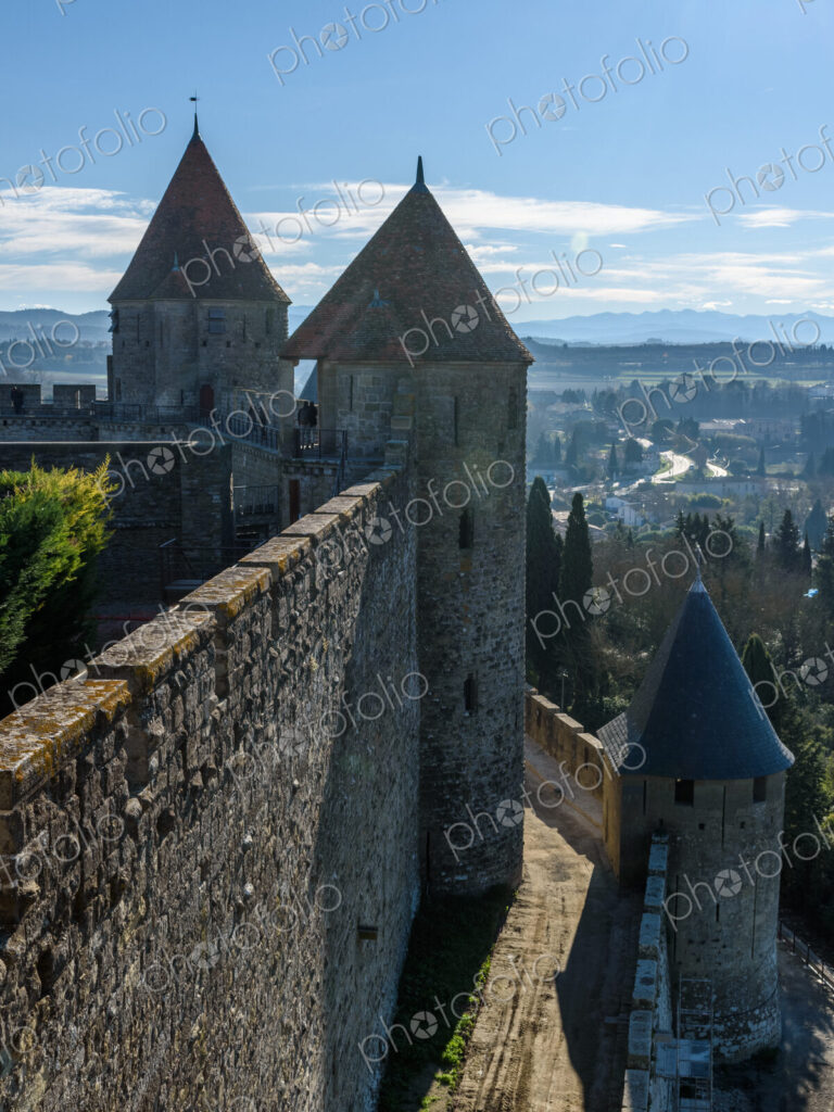 A view over the countryside from the medieval walls nad towers of Carcassonne.