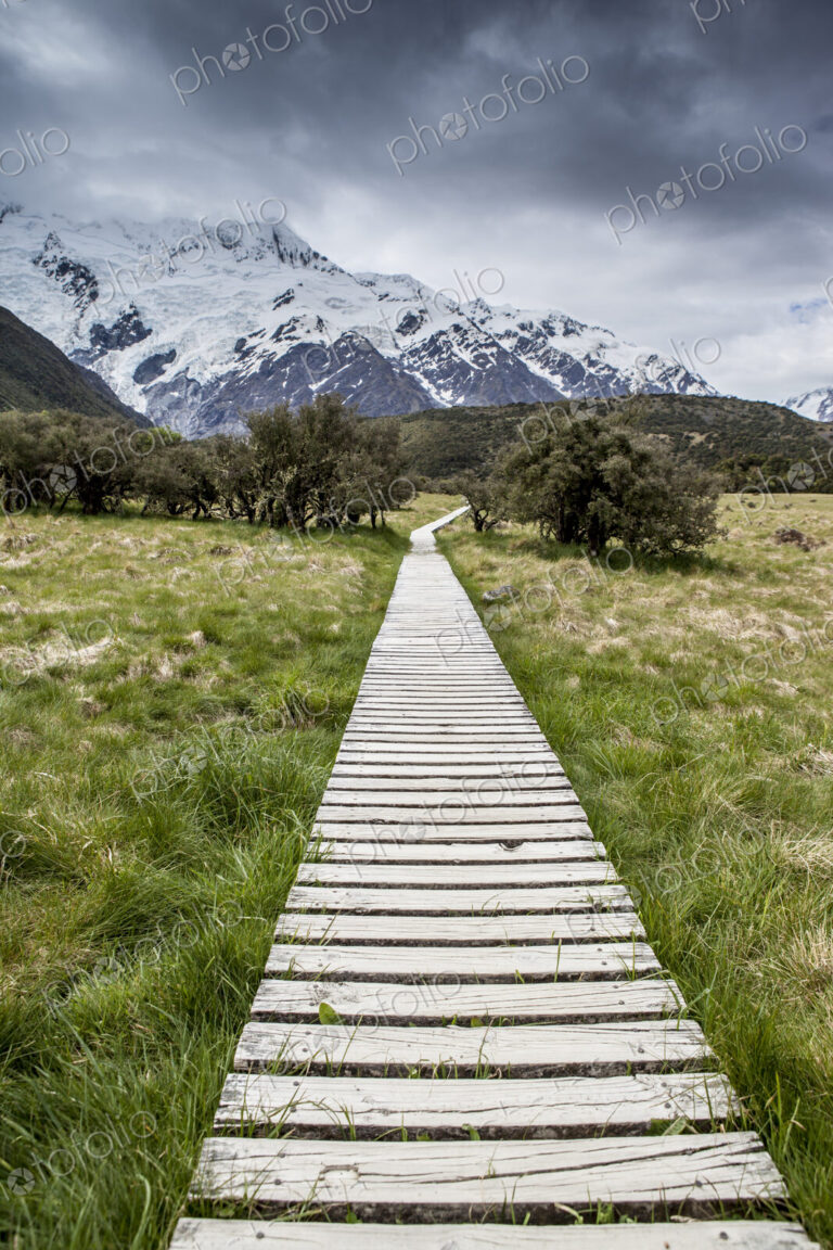 A walkway through a mountain region, near Mount Cook.