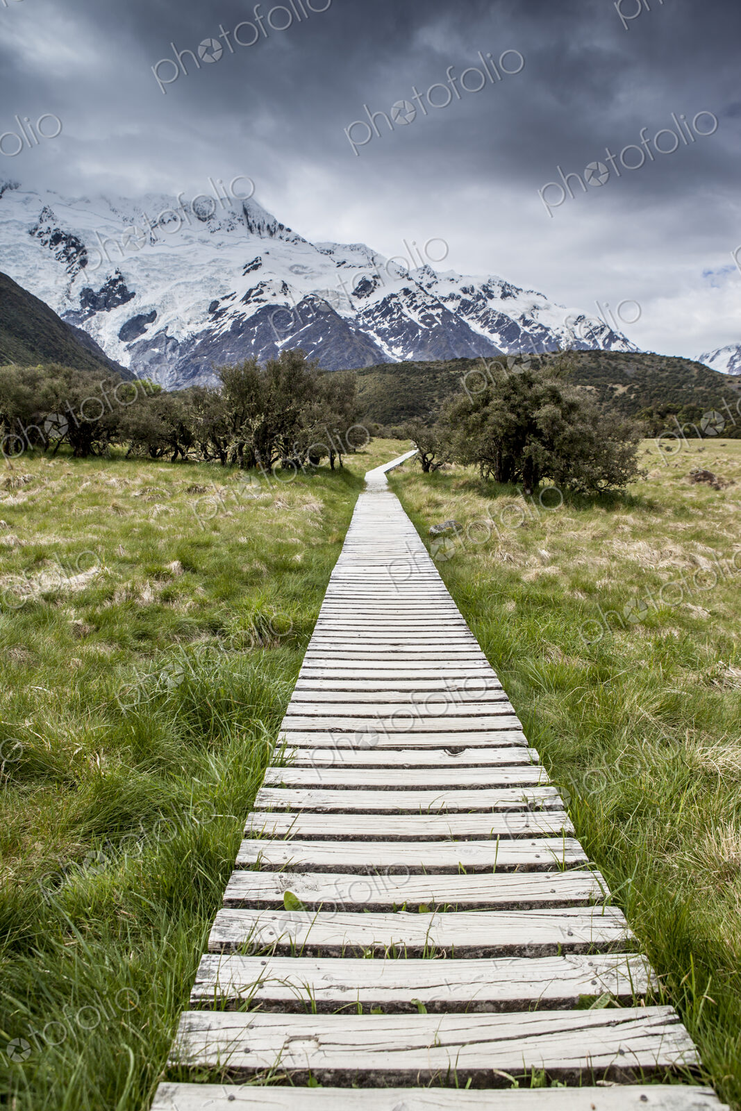 A walkway through a mountain region, near Mount Cook.