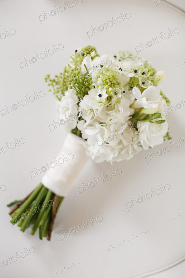 A wedding bouquet. White cut flowers, green seed heads, and foliage. Green stems and…