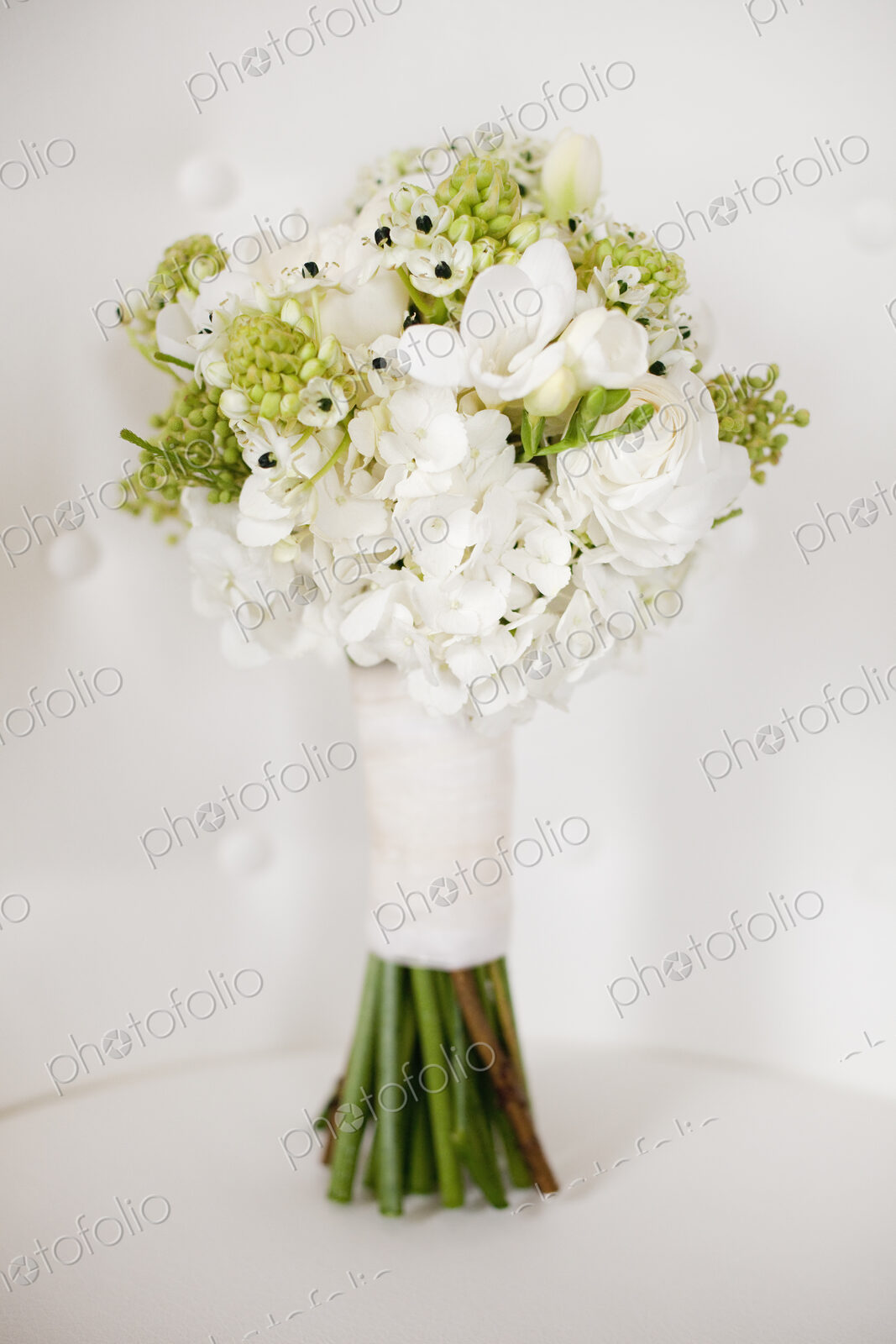 A wedding bouquet. White cut flowers, green seed heads, and foliage. Green stems and…