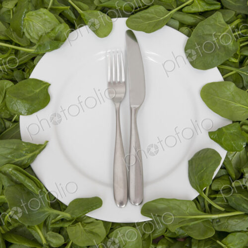 A white china plate with a knife and fork, resting on edible leaves. The concept of…