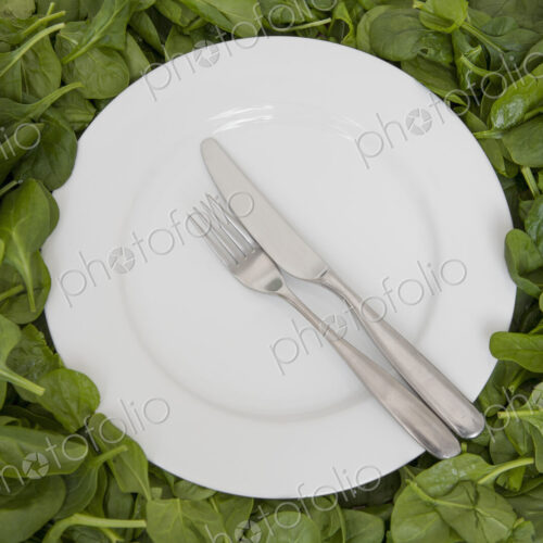 A white china plate with a knife and fork, resting on edible leaves. The concept of…