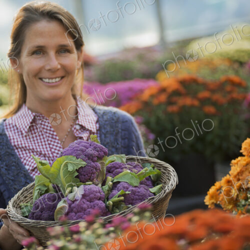 A woman holding a bowl of fresh produce, purple sprouting broccoli. Flowering plants.…