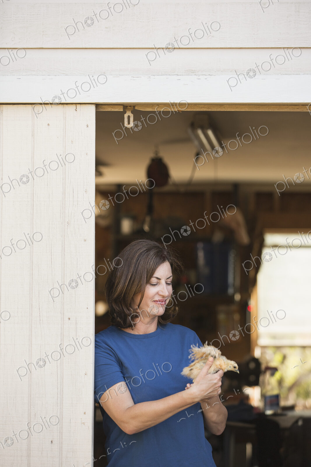 A woman holding a small fluffy chick, a baby bird in her two hands, standing at an…