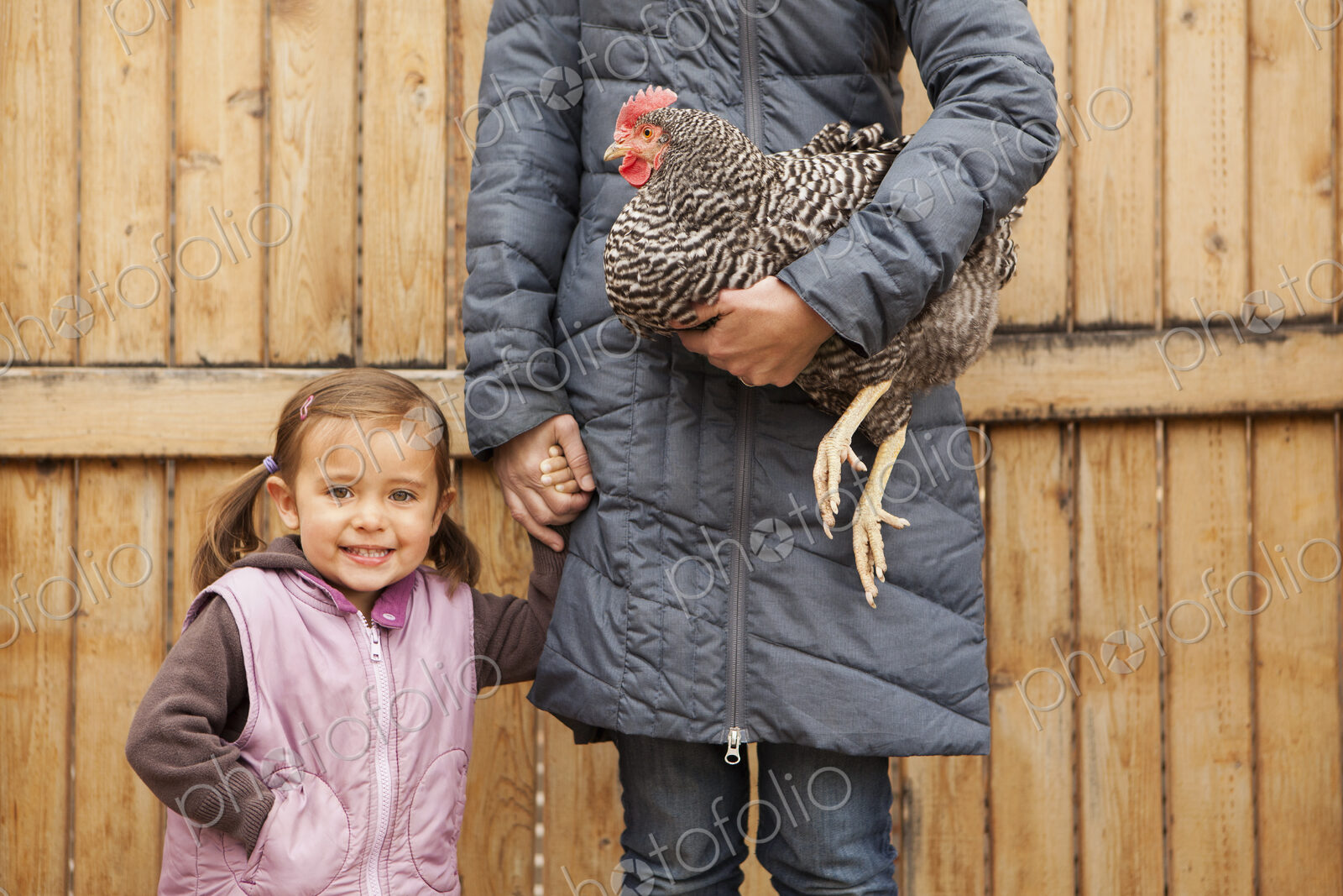 A woman in a grey coat holding a black and white chicken with a red coxcomb under one…