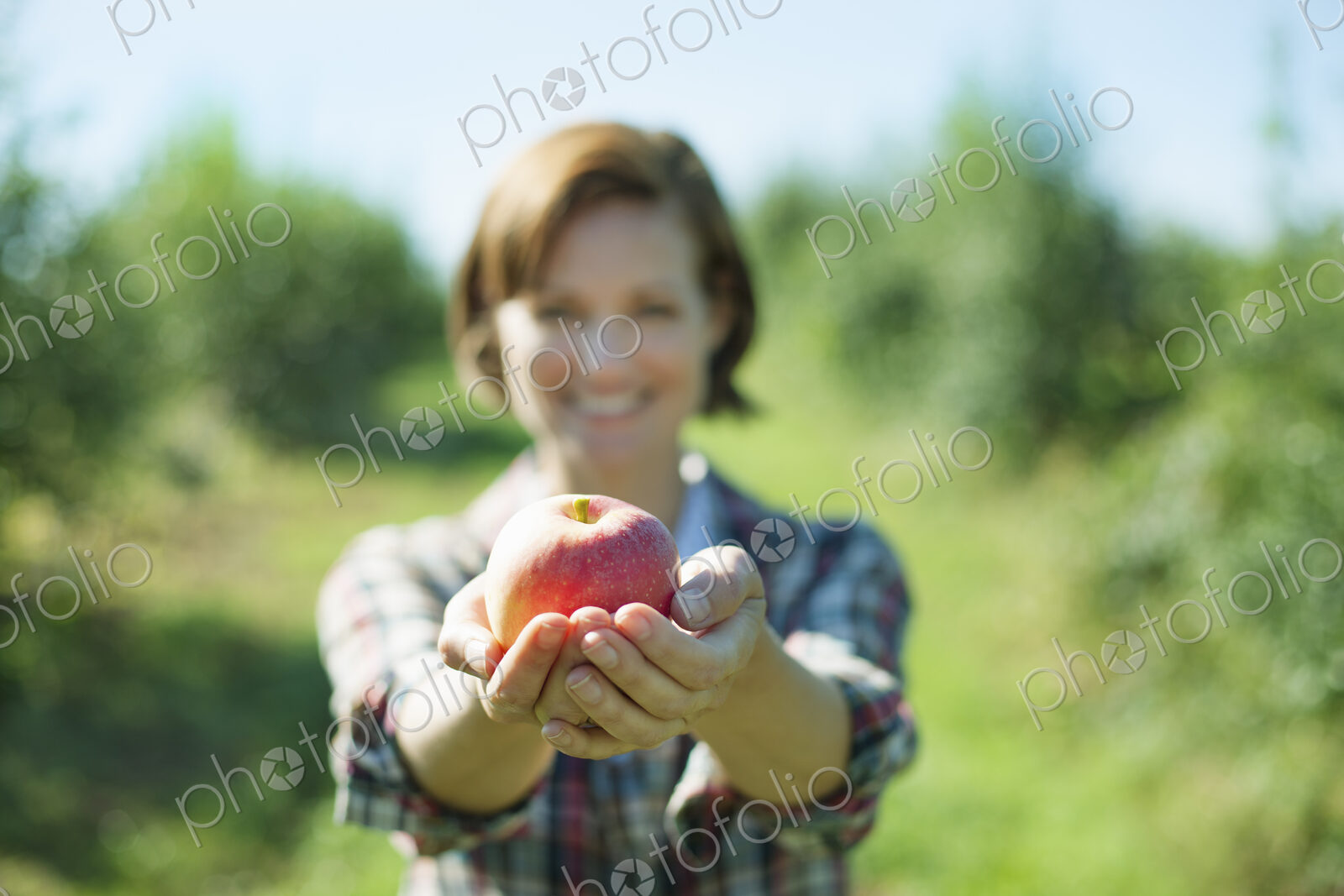 A woman in a plaid shirt holding a freshly picked apple in her cupped hands in the…
