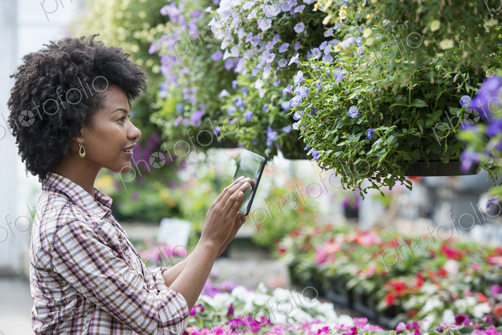 A woman in a plant nursery surrounded by flowering plants and green foliage.