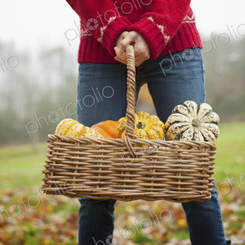 A woman in a red knitted jumper holding a basket of vegetables, gourds and squashes.… A woman in a red knitted jumper holding a basket of vegetables, gourds and squashes.…