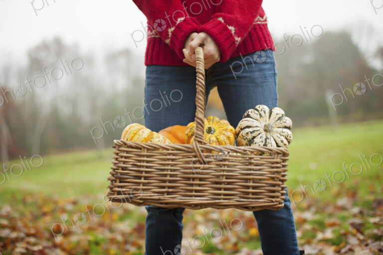 A woman in a red knitted jumper holding a basket of vegetables, gourds and squashes.…