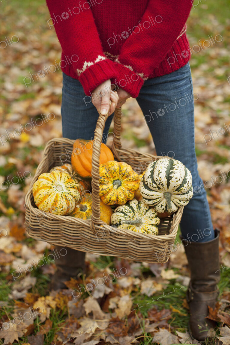 A woman in a red knitted jumper holding a basket of vegetables, gourds and squashes.…