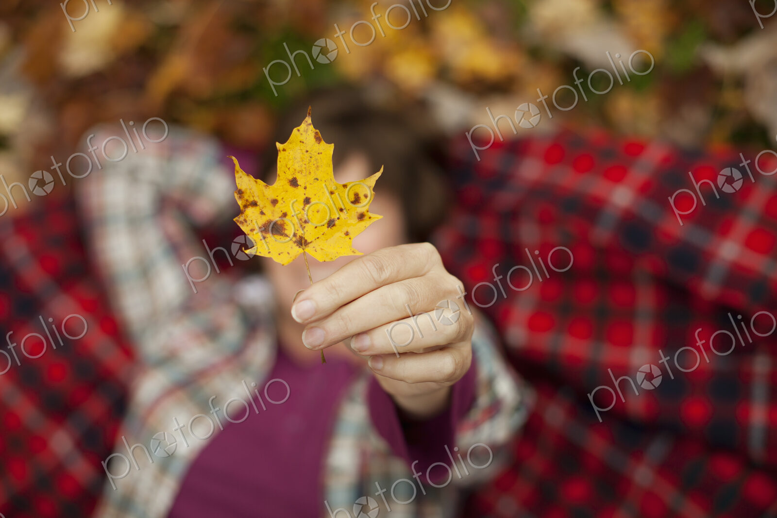 A woman lying on a red tartan picnic blanket, looking upwards, holding a maple leaf.