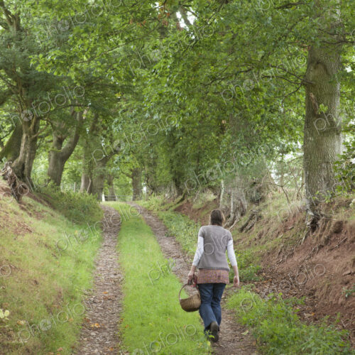 A woman on a country lane, a forager carrying a basket.