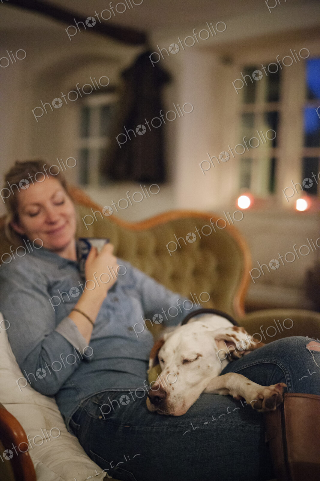 A woman seated on a sofa with a large dop with his head on her lap.