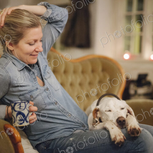 A woman seated on a sofa with a large dop with his head on her lap. A woman seated on a sofa with a large dop with his head on her lap.